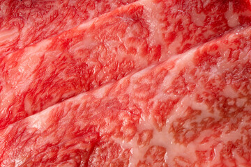 Wall Mural - Fresh Premium Rare Slices Wagyu beef with marbled texture.