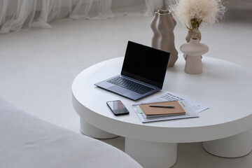 Aufkleber - Workplace of contemporary freelancer with mobile gadgets, handmade vases, notebook and financial documents on white round table
