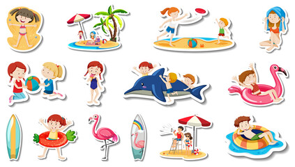 Poster - Set of summer beach items and children