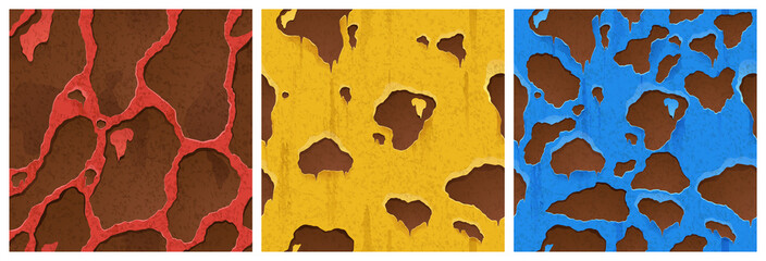 Poster - Rusty metal texture with holes, rust game design. Vector seamless background covered with red, yellow and blue paints and ferruginous spots on rough metallic surface, iron Cartoon illustration, set