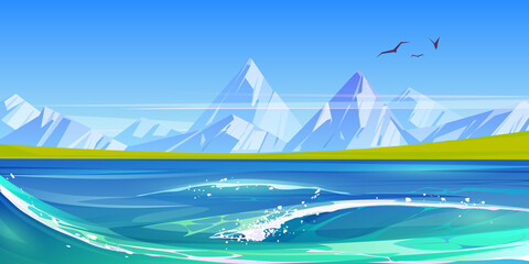 Wall Mural - Ocean or sea waves with white foam, nature landscape with flying birds in blue sky, green field and rocks around water surface. Summer day tranquil seascape background, Cartoon vector illustration