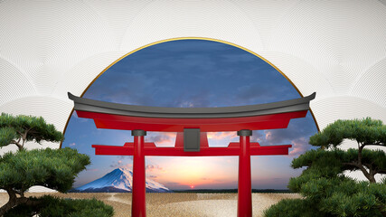 Wall Mural - torii gates red with semicircle sky and Mount Fuji on white background. 3d rendering