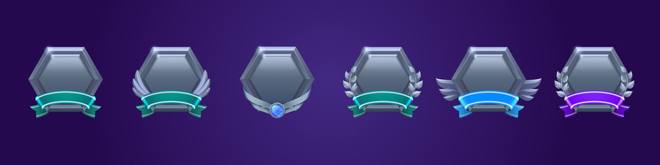 Poster - Game level metallic ui icons, empty hexagon badges with banners, wings, gem stone or laurel wreath. Isolated metal award frames or bonus graphic elements, reward, trophy achievement vector Set for rpg