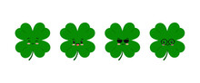 Cute Clover Four Leaf Kids Character Set Isolated On White Background. Green Kawaii Emoji 4 Leaves Clover Lucky Emoji Mascot Flat Design Cartoon Vector Illustration. 