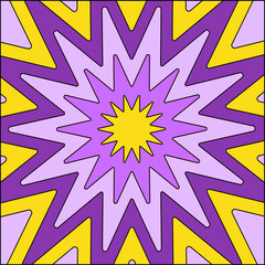 Wall Mural - Colorful square retro background in yellow purple colors. Abstract psychedelic vector background. Star tunnel in style 60s, 70s