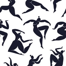 Seamless Pattern Inspired By Matisse With Dancing Abstract Women. Black On White Background Vector Illustration. Dance Of Diverse Women.