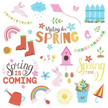 Vector Set Of Cute Spring Cartoon Characters, Lettering, Decorations. Vector Handwritten Typography. Happy Easter Elements.