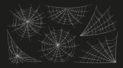 scary spider webs. white cobweb silhouette isolated on black background. set of doodle spidewebs. ha