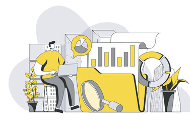 Fototapete - Big data analysis concept with outline people scene. Man analyzes statistics and researches graphs and databases, planning and strategy. Vector illustration in flat line design for web template