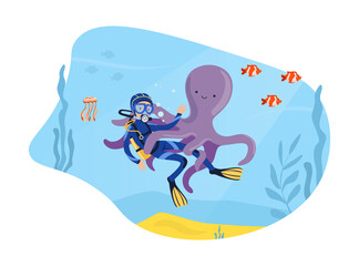 Wall Mural - Man Character in Diving Suit and Goggles Swimming Underwater with Octopus and Fish Around Vector Illustration