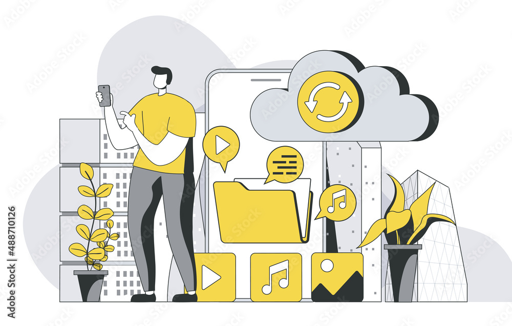 Cloud storage concept with outline people scene. Man transfers content ...