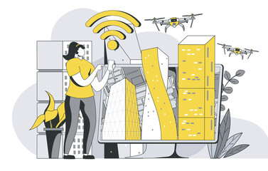Aufkleber - Futuristic megalopolis concept with outline people scene. Smart city with modern infrastructure, wireless technologies and flying drones. Vector illustration in flat line design for web template