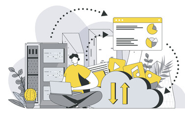 Leinwandbilder - hosting provider concept with outline people scene. man works in technical support of internet provi