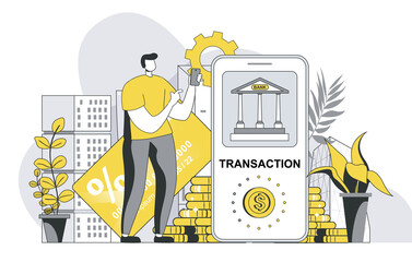 Aufkleber - Mobile banking concept with outline people scene. Man makes online payment and financial transactions using personal account in mobile app. Vector illustration in flat line design for web template