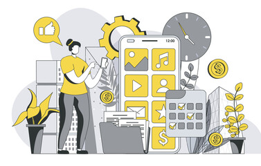 Poster - Mobile organizer concept with outline people scene. Woman organizes time and tasks in application, marks meetings on calendar, manages files. Vector illustration in flat line design for web template