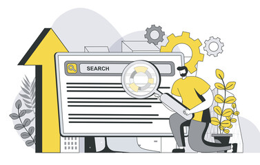 Poster - Seo optimization concept with outline people scene. Man settings search and analyzes SEO, promotes and changes position of site in ranking. Vector illustration in flat line design for web template
