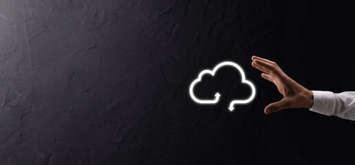 Business woman holding icon cloud computing network and icon connection data information in hand. Cloud computing and technology concept.