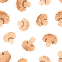 Poster - Champignon slices pattern. Seamless background with fresh food pieces, mushrooms. Edible fungi texture design with endless repeating print for wrapping, fabric, decoration. Flat vector illustration