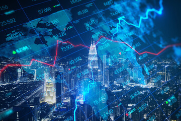 Poster - Creative glowing blue map hologram with chart and grid on blurry background. Economy, world and stock concept. Double exposure.