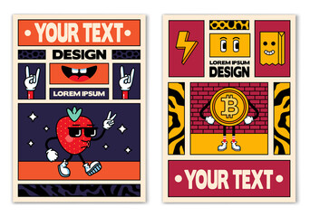 Retro posters or banners in cartoon 80s-90s comic style with fashion patches, pins and stickers. Can be used in cover design, book design, CD cover, advertising, posters and greeting cards. Vector