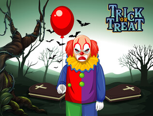 Poster - Creepy clown holding balloon on dark cemetery forest background