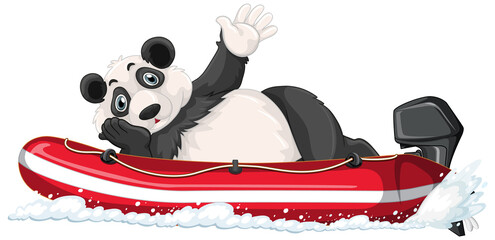 Wall Mural - Panda on motor inflatable boat in cartoon style