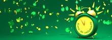 St. Patricks Day Greeting Card Template. Shamrock Leafs And Golden Coins. Ringing Alarm Clock With Time To Celebrate Text. 3D Render