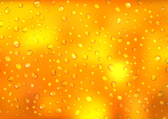  Beer droplets on yellow background. Seamless drop wet texture or golden condensation water on glass cold bottle. Rain drops, champagne drink or alcohol beverage. Realistic 3d vector illustration