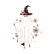 © AngellozOlga - Floral spooky ghost in witch hat and white sheet vector illustration isolated on white. Classic Halloween icon scary haunt print for postcard or tee shirt design.