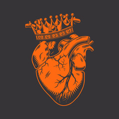 Wall Mural - King heart anatomically hand drawn line art. vintage Flash tattoo or print design vector illustration.