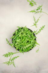 Wall Mural - Fresh green arugula in ceramic bowl on grey kitchen table, top view, copy space. Spring spicy herb for healthy diet eating