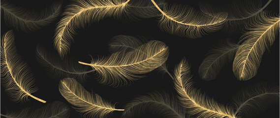 Luxury gold feather on dark background. Golden line art with bird feathers hand drawn wallpaper. Design in seamless pattern for banner, decoration, wall art, invitation, wedding and fabric.