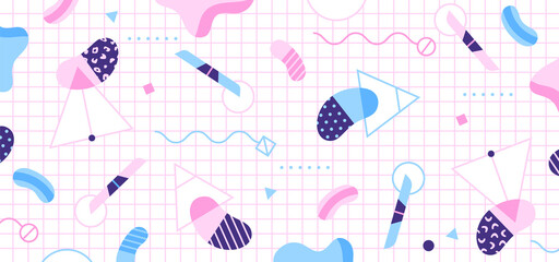 Wall Mural - background in the style of the 80s with pink, blue geometric shapes and pink grid background. illust