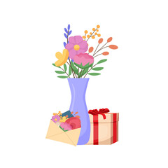  Vase with flowers and a gift. Vector cartoon illustration. Holiday concept