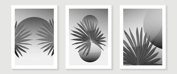 Set of abstract wall art template. Botanical design with tropical palm leaves and circle shapes in black gradient and hand drawn. Design for wall decoration, interior, prints, cover, and postcard.