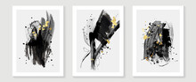 Set Of Abstract Wall Art Template. Luxury Design On White Background With Black Paint, Line Art, And Gold Drops In Hand Painted. Design For Wall Decoration, Interior, Prints, Cover, And Postcard.
