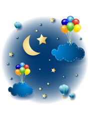 Sticker - Night landscape with hanging balloons and clouds, vector illustration eps10