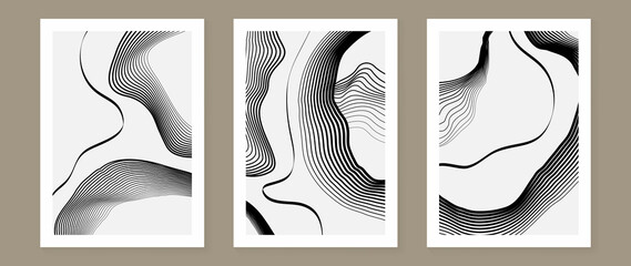 Set of abstract wall art template. Design on white background with black wave lines, wavy and curve line in seamless pattern. Design for wall decoration, interior, prints, cover, and postcard.