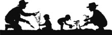Family Arbor Day Parents And Children Plant Trees Vector Silhouette 