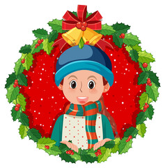 Poster - Christmas wreath border with a cute girl in winter outfit