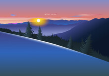 Landscape. The Sun Is Peeking Out From Behind The Blue Mountains. Fluffy Clouds, Illuminated By Pink Light, Float Across The Sky. Silhouettes Of Fir Trees Are Visible Behind The Clearing.