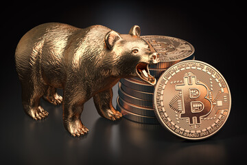 Poster - Bitcoin coin with bear on black background. Bearish market of BTC.