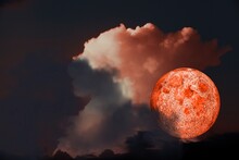 Blood Moon, Red Moon, Full Blood Moon In Black Sky With Cloud.