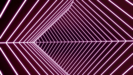 Poster - Fast moving triangular tunnel. Design. Triangular swirling tunnel with neon lines. Cyber jump in neon tunnel with stripes