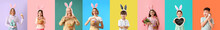 Beautiful Young Woman With Bunny Ears, Toy Rabbits And Easter Egg On Color Background