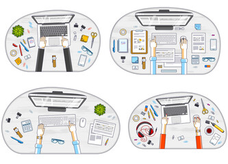 Fototapete - Office employees or entrepreneurs work desks workplaces with hands and PC computers and diverse stationery objects for work, top view. All elements are easy to use separately. Vector set.