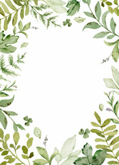 Watercolor vector frame with green forest foliage.