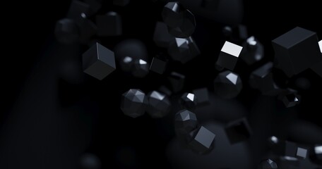 Wall Mural - polygonal objects in dark space, abstract futuristic black background design, 3d rendering