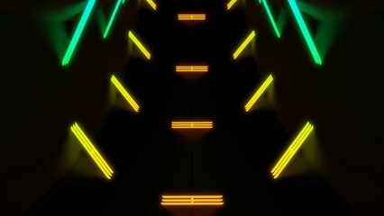 Poster - Driving through dark tunnel with neon lines. Design. Dizzying tunnel with multicolored stripes. Neon tubes in dark 3d tunnel