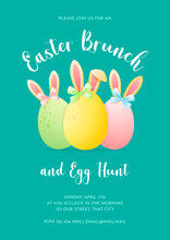 Easter Brunch And Egg Hunt Concept. Spring Background Template. Cute Illustration Of Colorful Eggs With Bunny Ears. Vector 10 EPS.